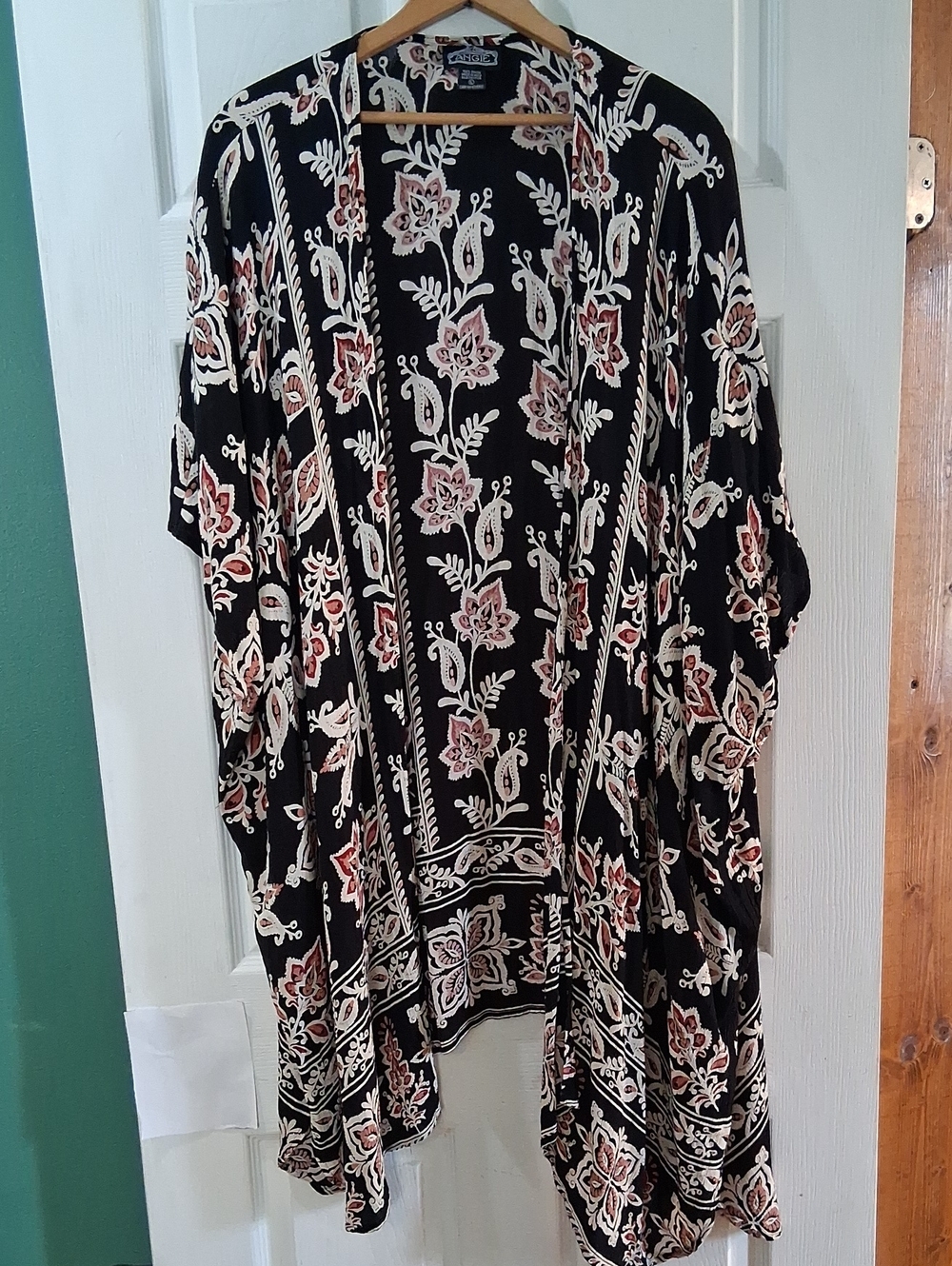 Angie Black Floral Paisley Open-Front Long Kimono